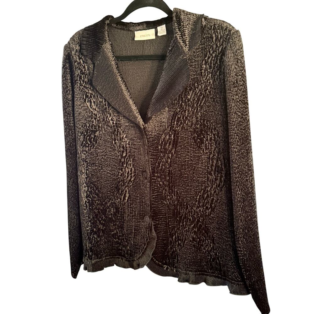 Chico's Size 2 Black Chenille Velvet Look Jacket Raised Floral Texture Artsy